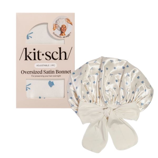 Kitsch Oversized Satin Bonnet - Pearlized Cream & Coastal Blue Print