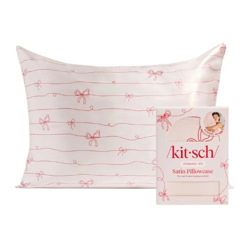 Kitsch Holiday Satin Pillowcase in Striped Bows
